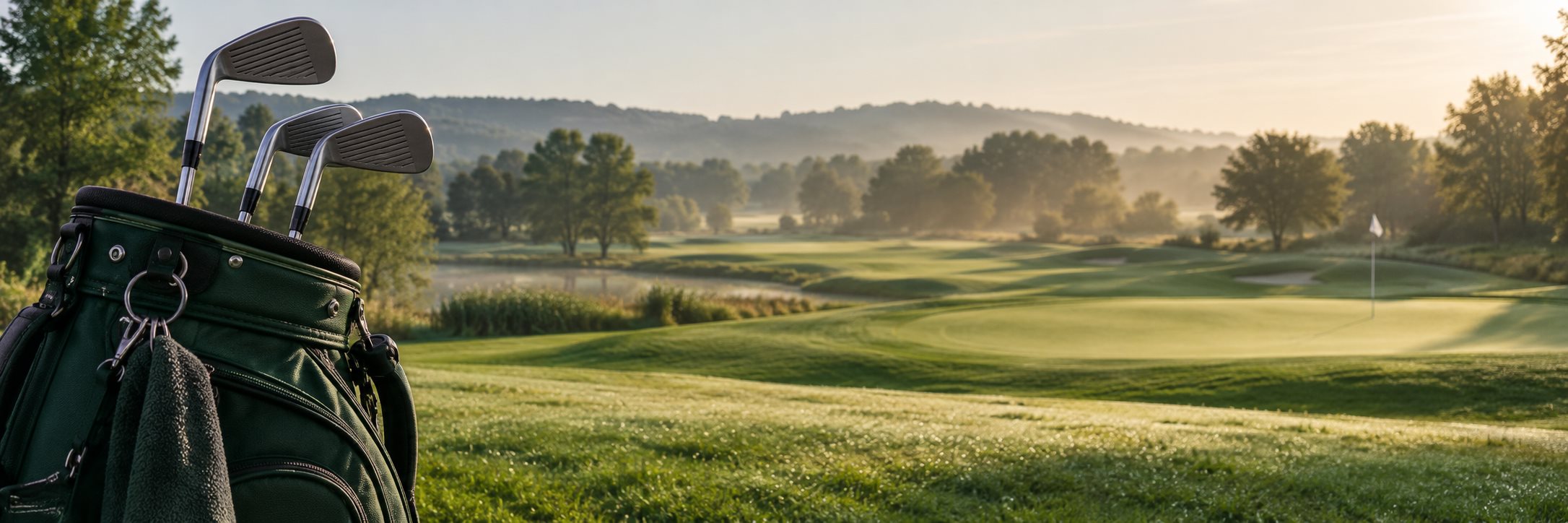 Een golftas met ijzers op een zonnige golfbaan